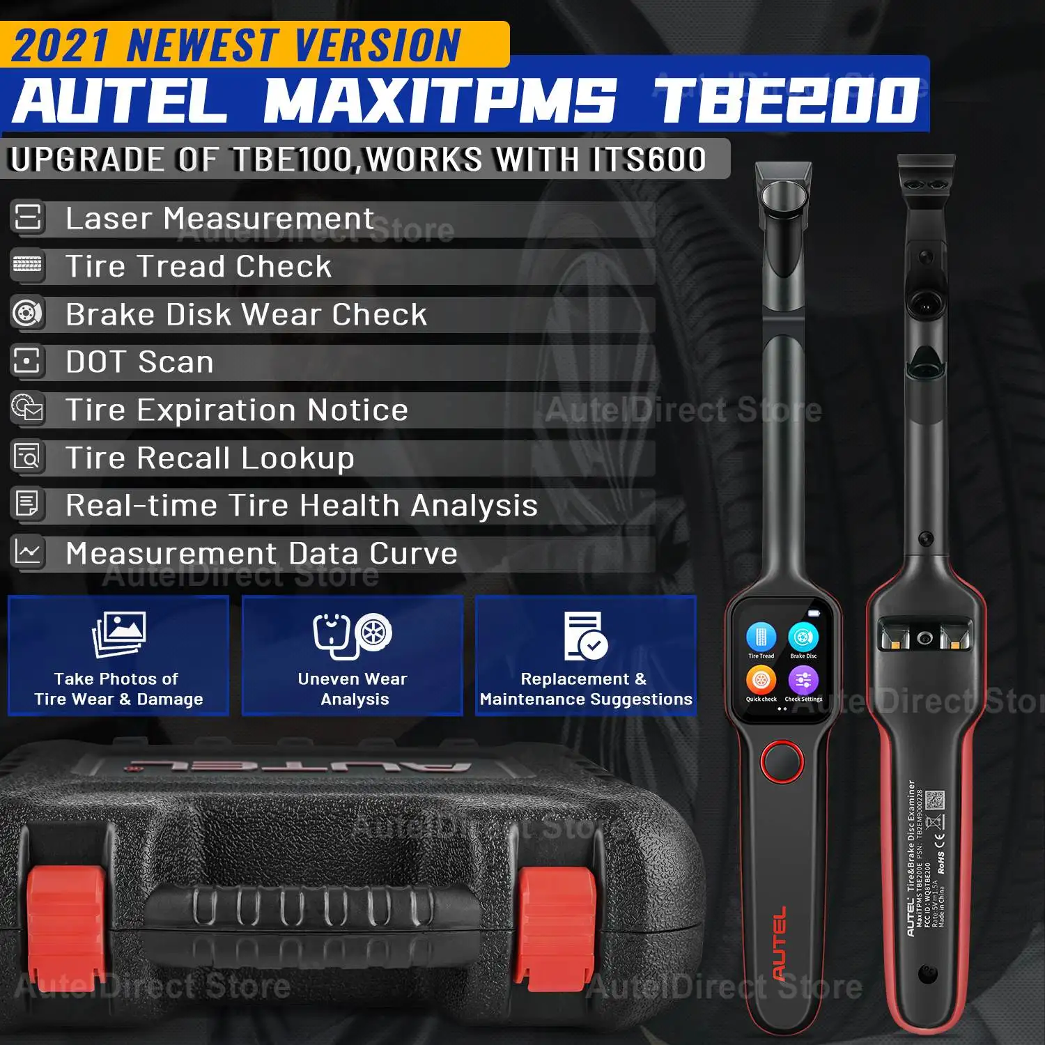 Autel MaxiTPMS TBE200 Tire Tread Depth and Brake Disc Wear Examiner, Quick and Accurate Wear Measurements TPMS Tire Tool