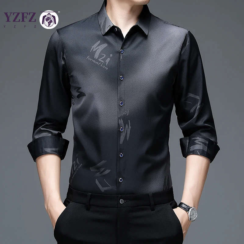 New Men's Casual Printed Long Sleeved Lapel Shirt for Spring and Autumn Fashion Comfortable Wrinkle Free Top Without Ironing