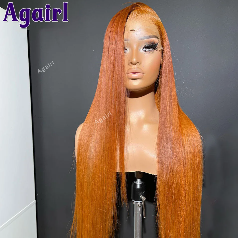 Peruca frontal de renda reta para mulheres, fechamento de renda transparente cabelo humano, Cooper Ginger Brown, Ready Go, 34 ", 6x4, 13x6, 13x4