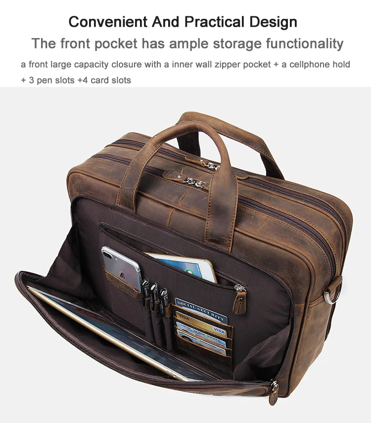 High Quality Genuine Leather Men Briefcase Business Bag Crazy Horse Leather Large 17'inch Laptop Bag Male Portfolio Office Case