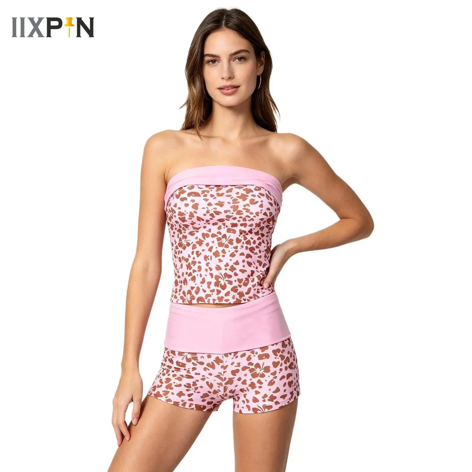 Women Leopard Print Flap Two-piece Swimsuit Strapless Removable Pads Tops with Shorts for Spa Swimming Beach Pool Hot Spring