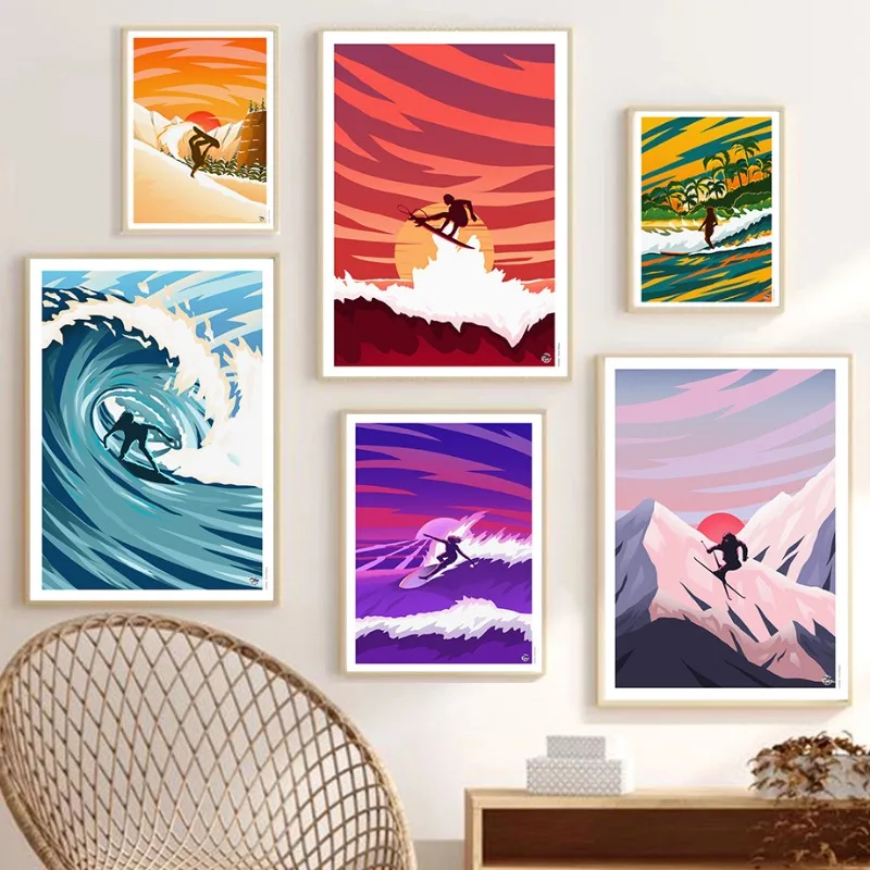 Retro Surf Longboard Posters Surfing Session-Ski in The Moutains Prints Canvas Painting Wall Art Pictures Living Room Home Decor