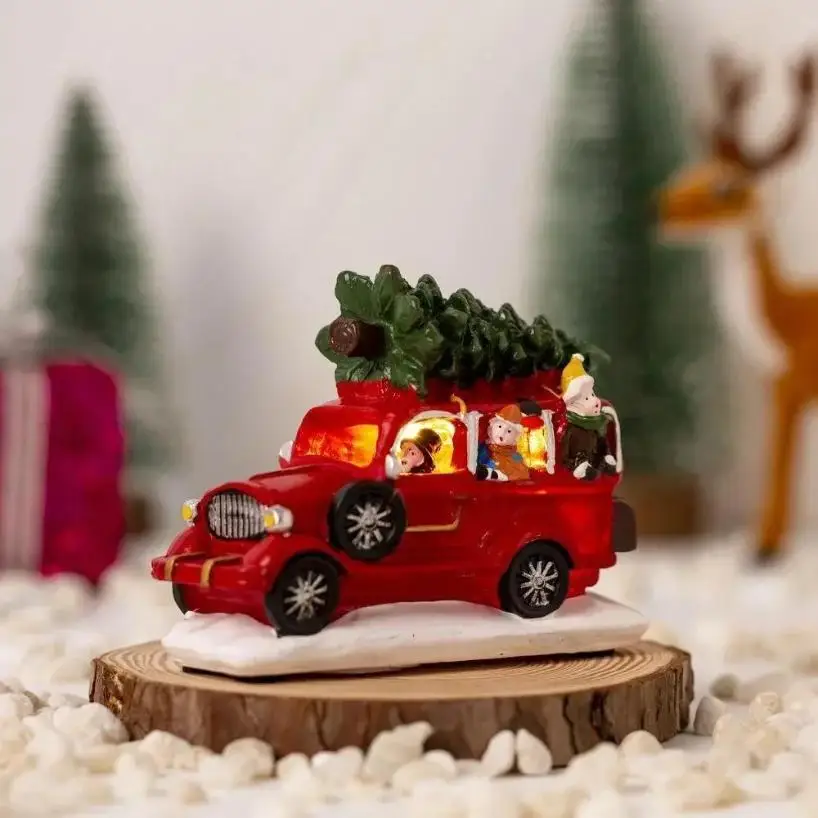 Resin Christmas Truck Ornament With LED Light Luminous Mini Car Figurine For Window Display Home Holiday Party Tabletop Decor