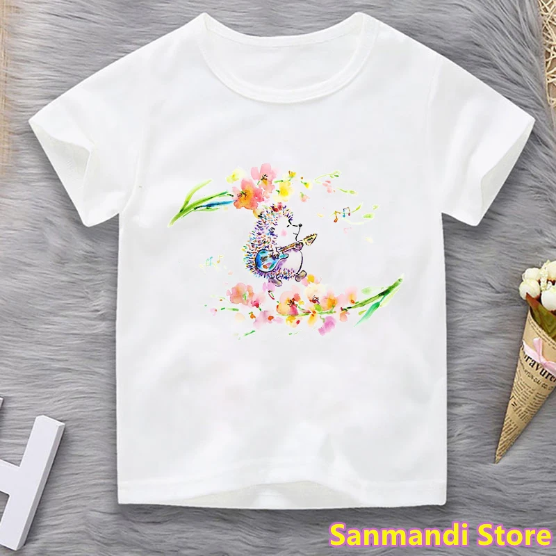 Watercolor Cute Hedgehog Dandelion Print T-Shirt Girls/Boys Kawaii Children's Clothing Summer Fashion Tops Tee Shirt Girl 3-13y