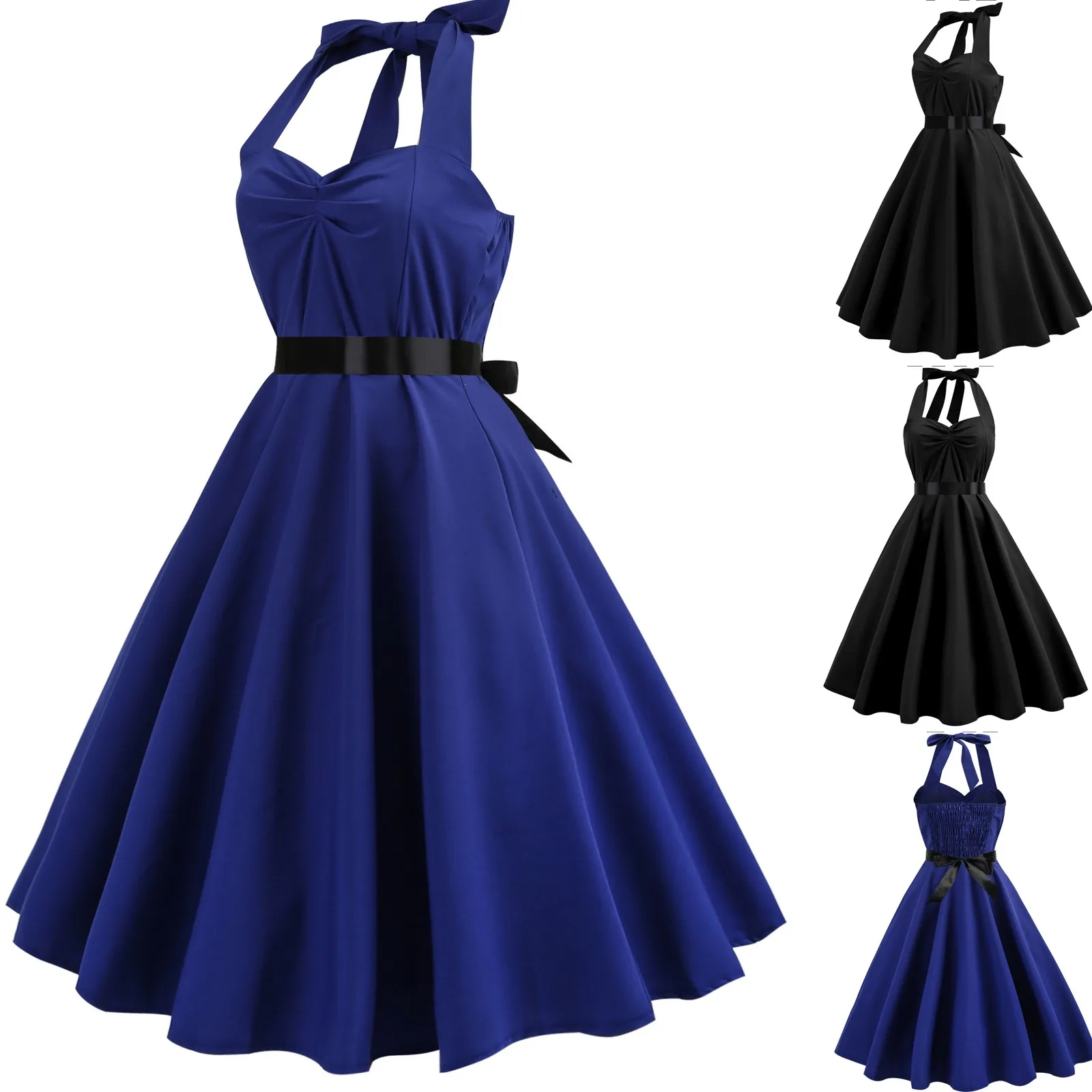 Vintage A-line Dress Summer Women Sexy Halter Backless Low Cut Party Dress 50s 60s Retro Solid Elegant Rockabilly Swing Dress