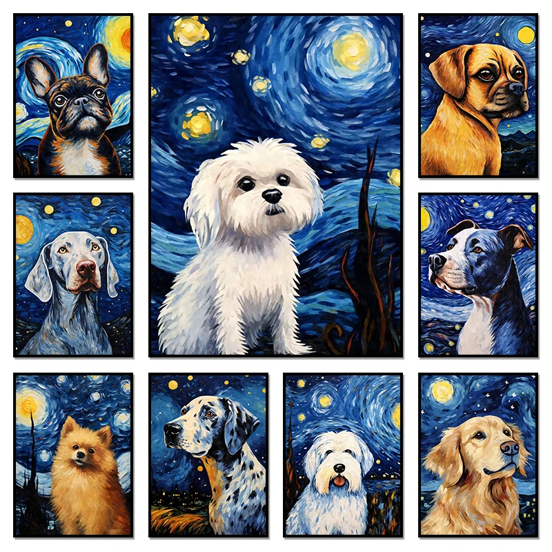 Pintura de Diamantes de Animales Noche Estrellada, Póster de Perro Puggle Noche Estrellada, Arte de Pared, Impresiones de Pósteres de Perros, Bulldog Labradoodle, Decoración del Hogar