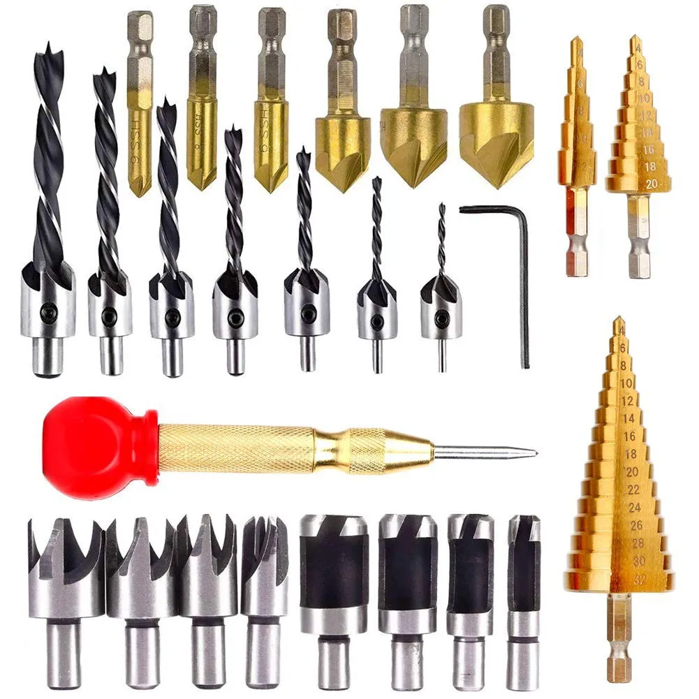 23-piece/26-piece set of five edge chamfering tools,wooden plug drills,woodworking drills,punching pagoda drills,L wrenches