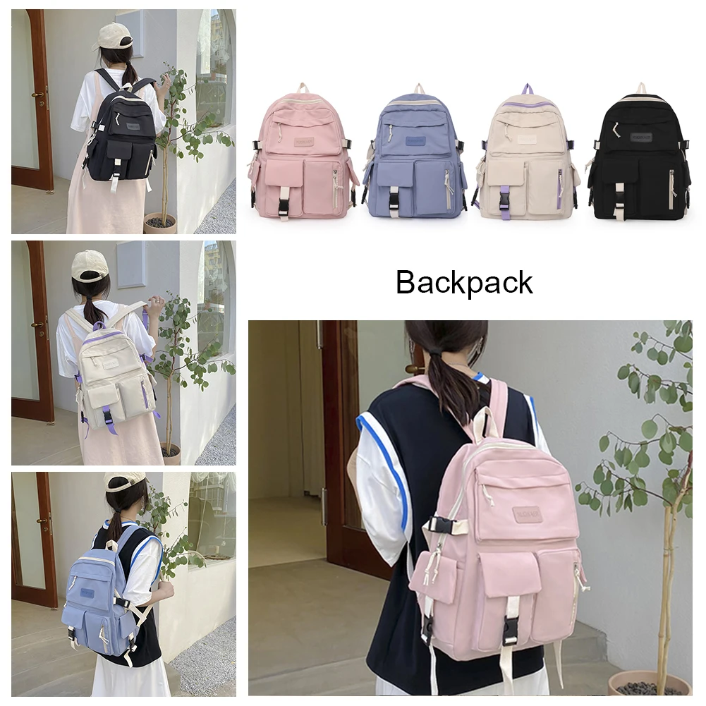 Simple Canvas Backpack Large Capacity Student Hit Color Laptop High School Book Bag Casual Travel Portable Leisure Rucksack