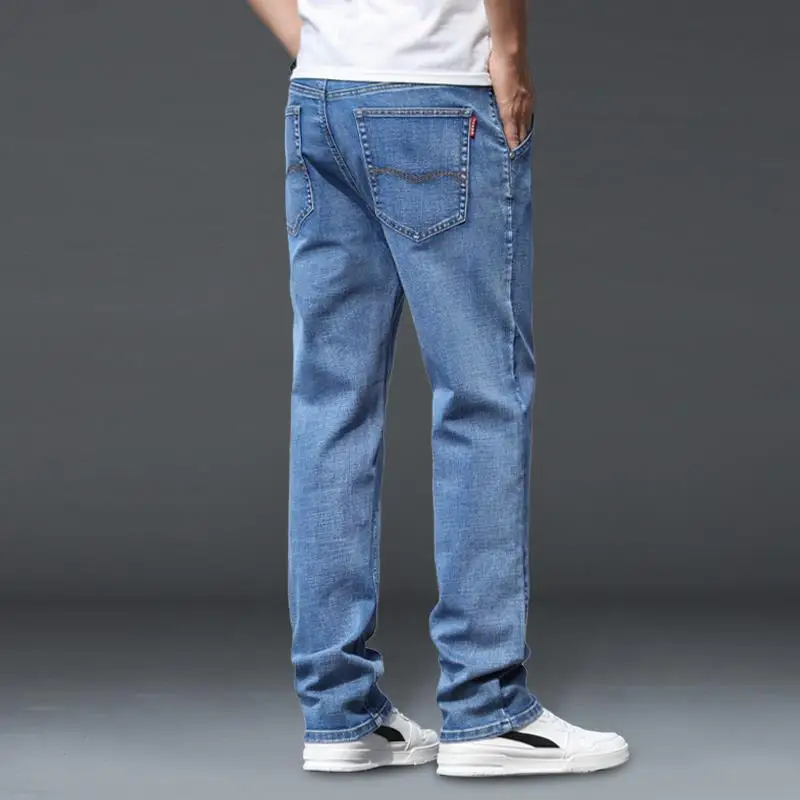 Light Color Spring Men New Pocket Jeans Loose Straight Cylinder Elastic Force Straight Cylinder Popularity All-match Trousers