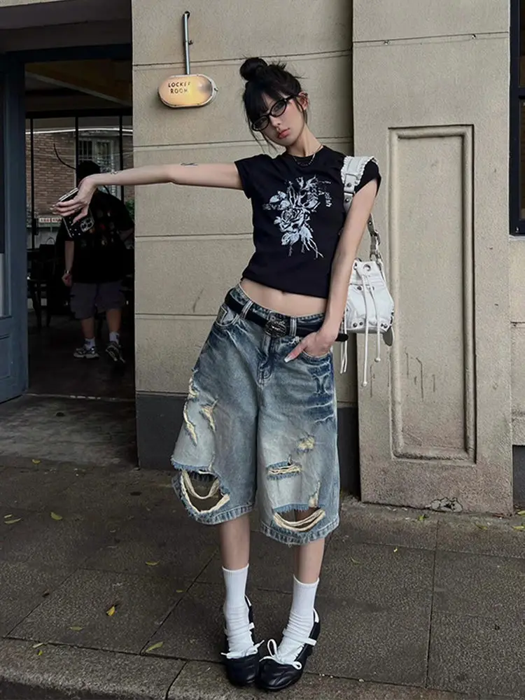 American high street design worn straight leg jeans men and women 2024 new HIPHOP hip hop quarter pants