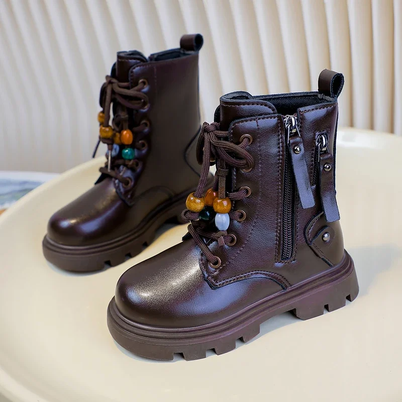Kids Girls Retro Wooden Bead Boots, Faux Leather Side Zipper Thick Sole Mid‑Calf Fashion Boots