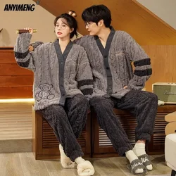 Conjunto de Pijamas de terciopelo térmico de peluche grueso de invierno para pareja, ropa de dormir para amantes del estilo kimono Kawaii, Pijamas tipo cárdigan para hombre y mujer