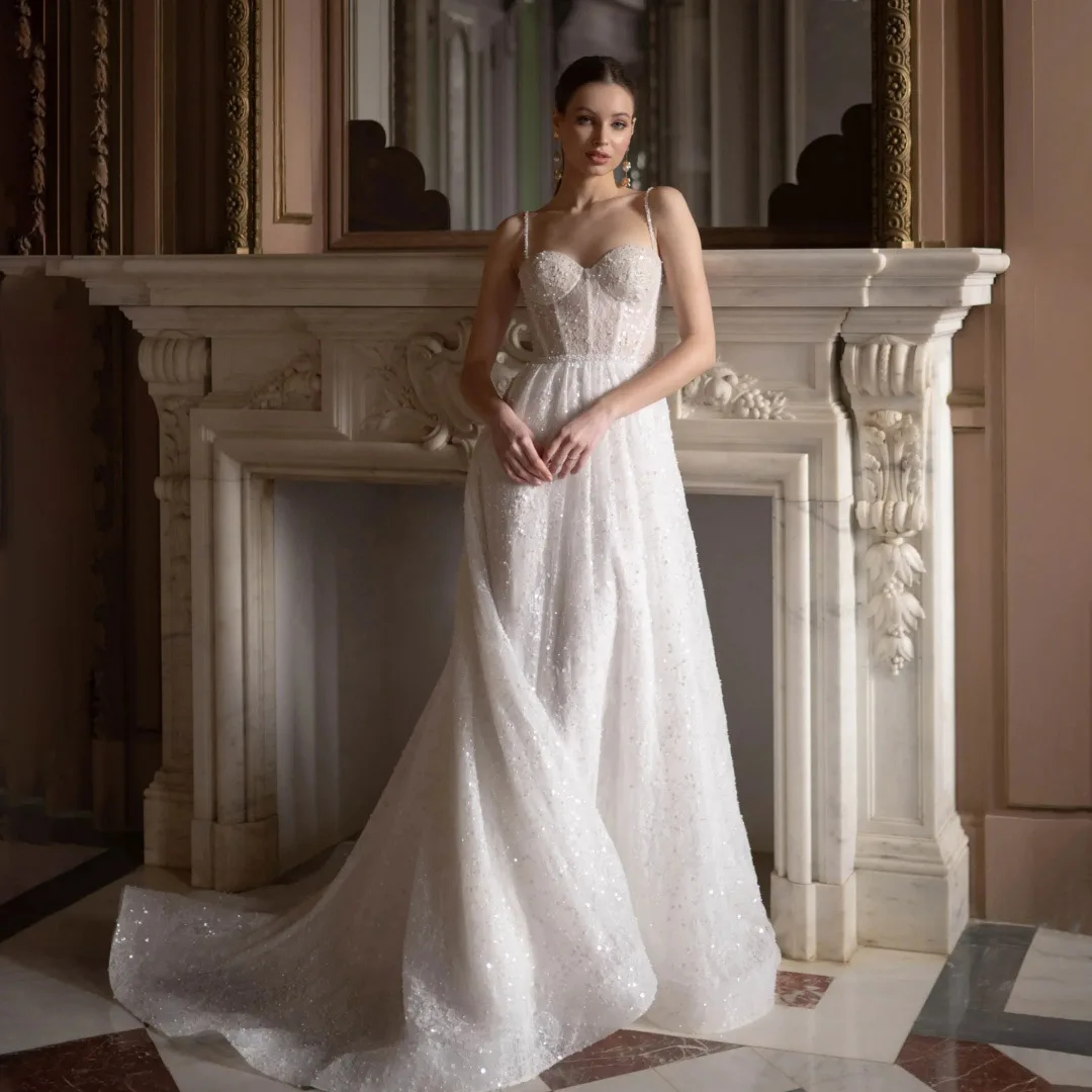 

Dazzling Spaghetti Straps White Wedding Dresses Women's Sweetheart Peals Sequins Lace Modern Princess Brides Wedding Dress 2026