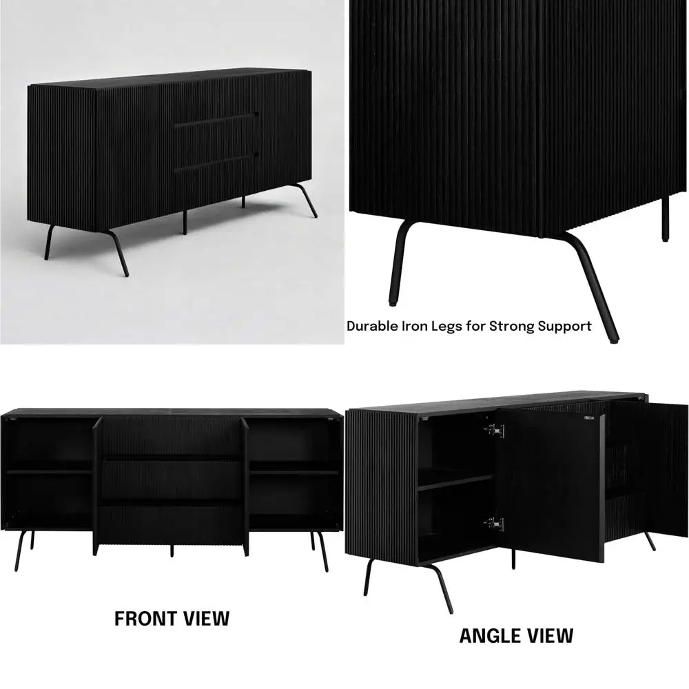 

NTC Veil Sideboard with Dual Doors and Triple Drawers, Vertical Groove Buffet Cabinet with Metal Legs, Storage Cabinet for Li