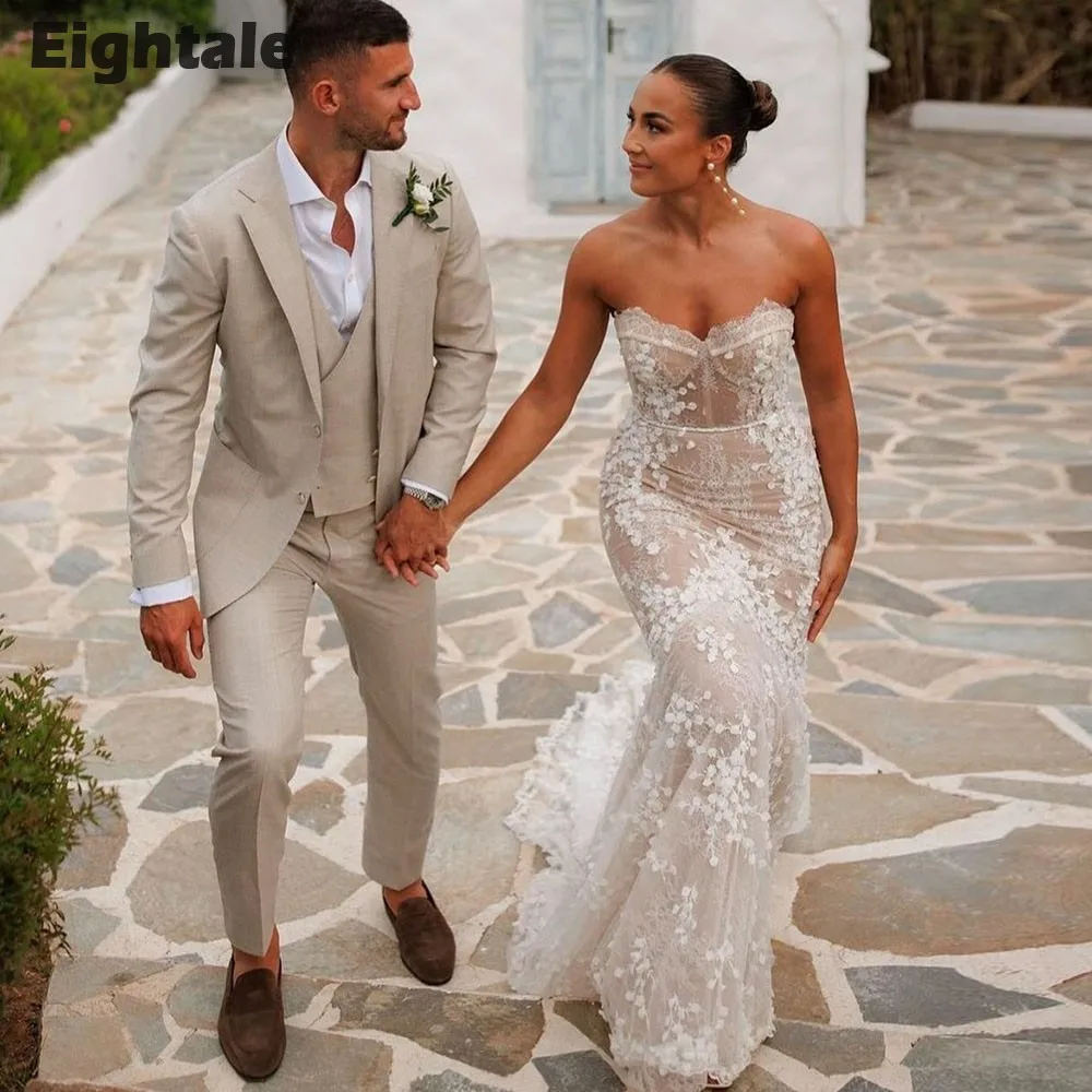 Eightale Boho Vestido De novia De encaje personalizado con hombros descubiertos encaje árabe blanco marfil Vestido De novia Vestido De novia