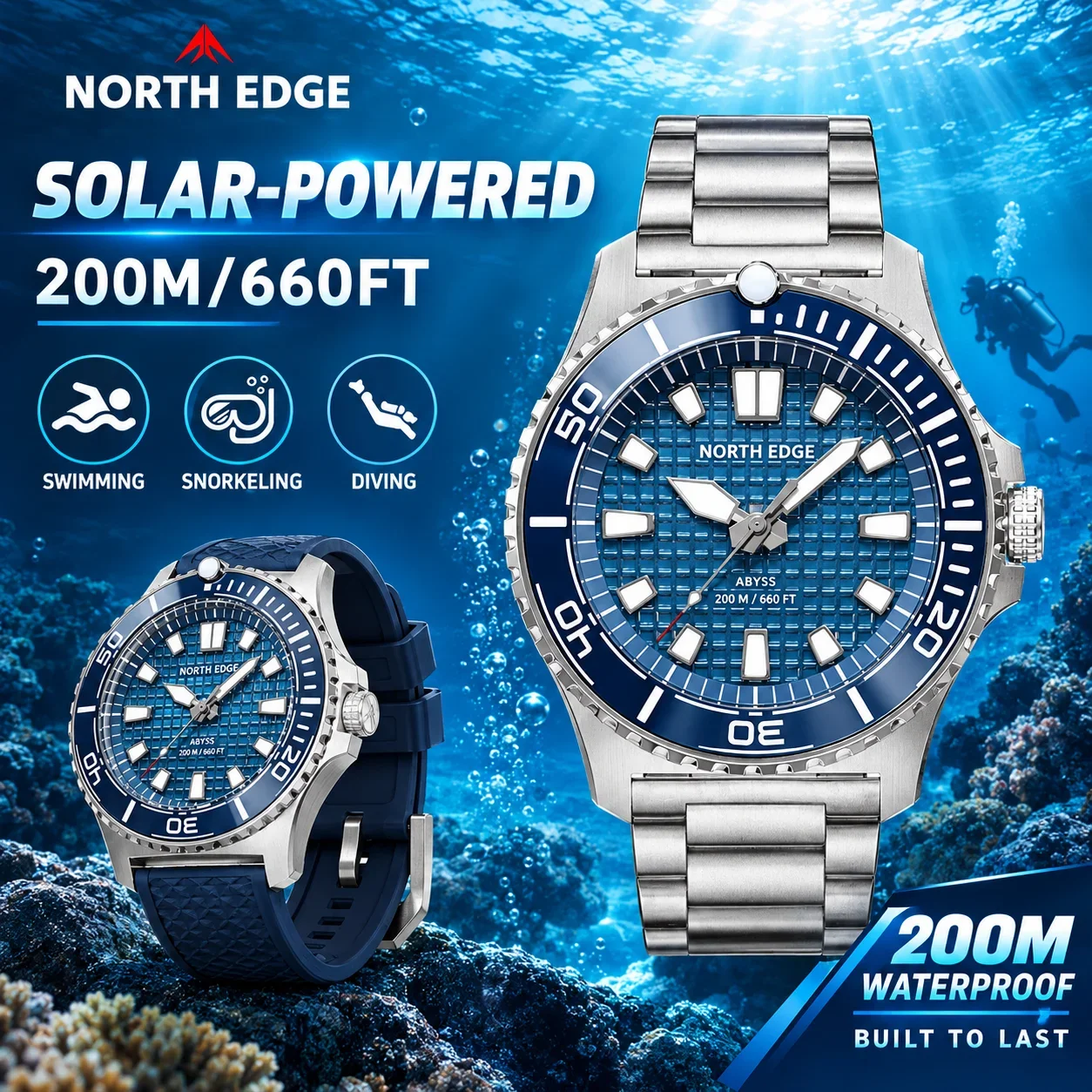 NORTH EDGE ABYSS 200M Waterproof Freediving Watches Solar Powered Diving Men Quartz Watch 316L Steel Case 180+ Day Power Durable