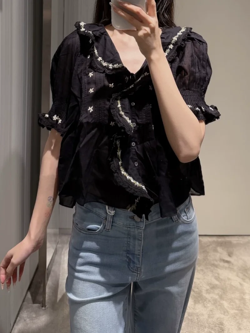 Women Floral Embroidery Blouse Ruffles Spliced V-Neck Puff Sleeve Single Breasted Casual 100% Cotton Black Shirt