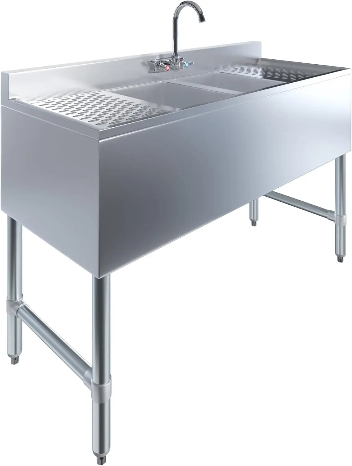 

Stainless Steel Bar Sink | Nsf (Sink Size: 48""X19"", Two Bowl + Faucet + 2 Drainboards)