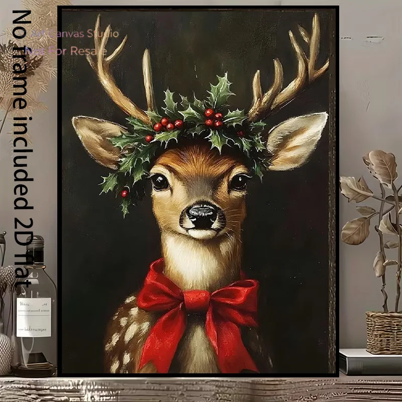 2D Flat, 1pc Vertical Christmas Deer Canvas - Deer with Holly Wreath & Red Bow Suitable for /, Unframed Vertical Suitable for