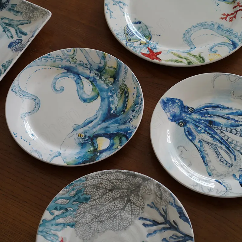 Creative Underglaze Color Squid Ceramic Plate European Modern Marine Animal Steak Pasta Plates Coral Octopus Cake Dessert Dishes