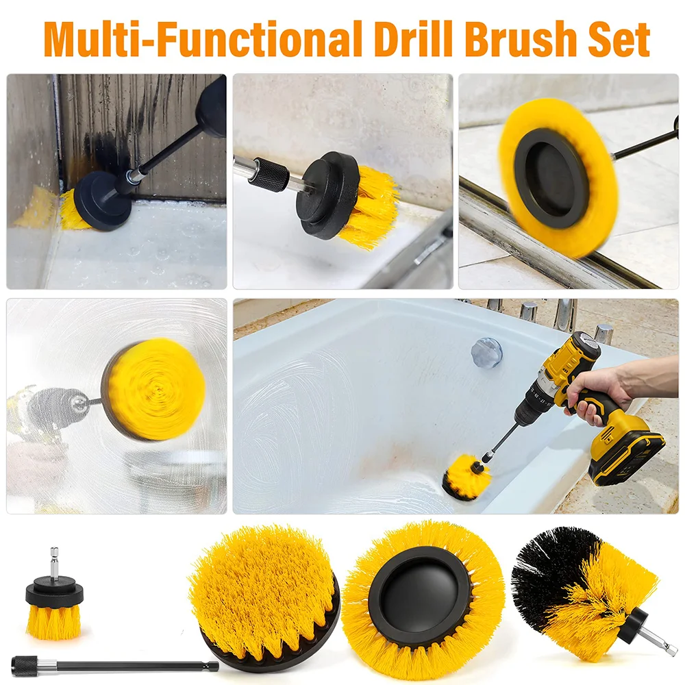 Set di accessori per spazzole gialle per trapano, 5 pezzi con spazzole estese da 2/3,5/4/5 pollici per dettagli auto, superfici del bagno, cucina, doccia