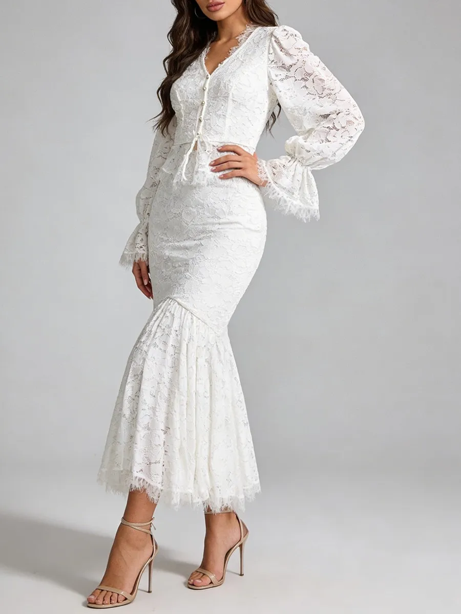 TWOTWINSTYLE Slimming Sheer Spliced Lace Two Piece Sets for Women V Neck Long Sleeves High Waist Irregular Skirt Set Female New image 2