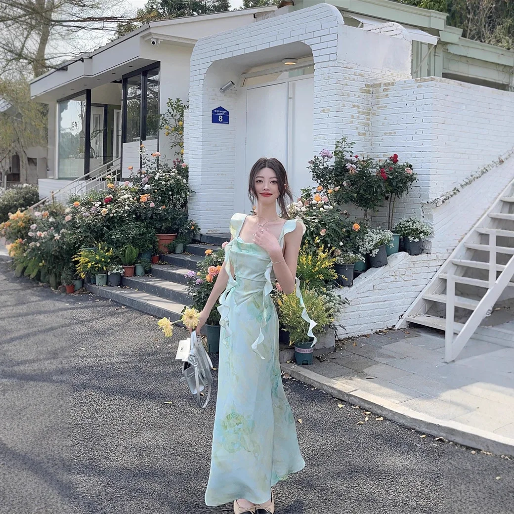 Seaside Holiday Dress Mint Ice Extract Gradient Party Strap Dress Women's Summer French Waist Dyed Fishtail