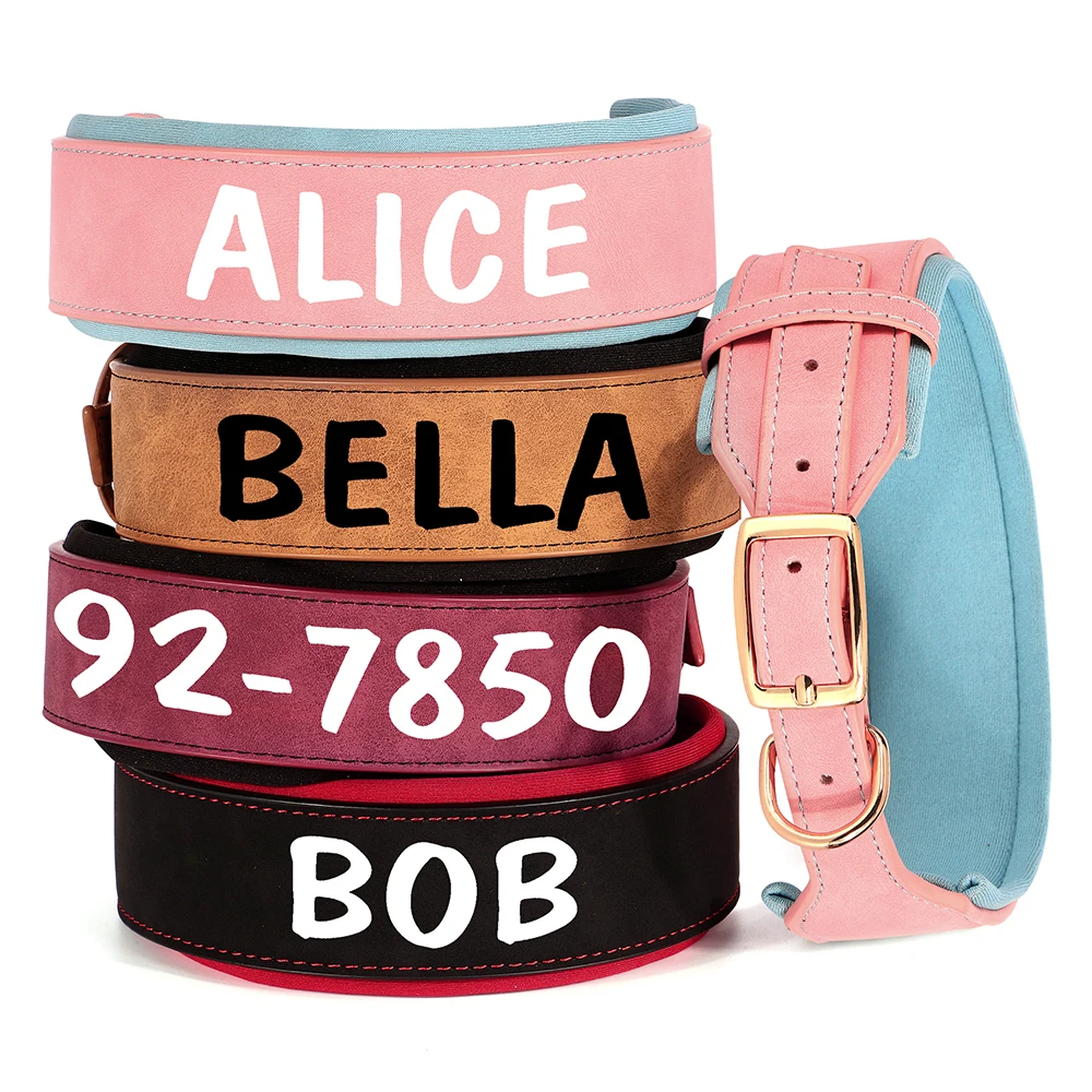 Collar de perro de cuero PU personalizado, collares de identificación de mascotas acolchados anchos, collares con nombre de perros con estampado