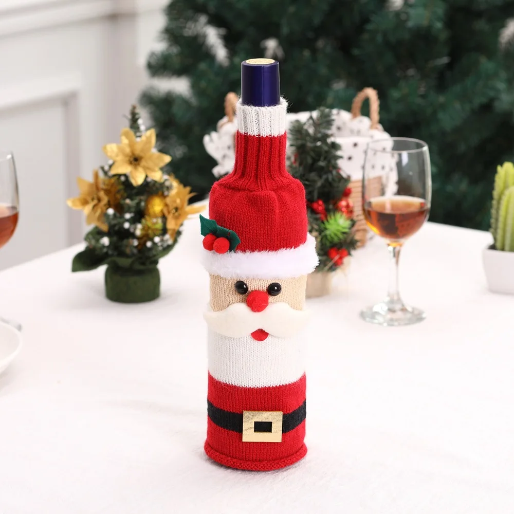 Weihnachtsdeko 2024, gestrickte Woll-Flaschenhülle in Rot, Weihnachtsdekoration für Tisch, Haus, Hotel, Restaurant, Festivals. – Detail 7