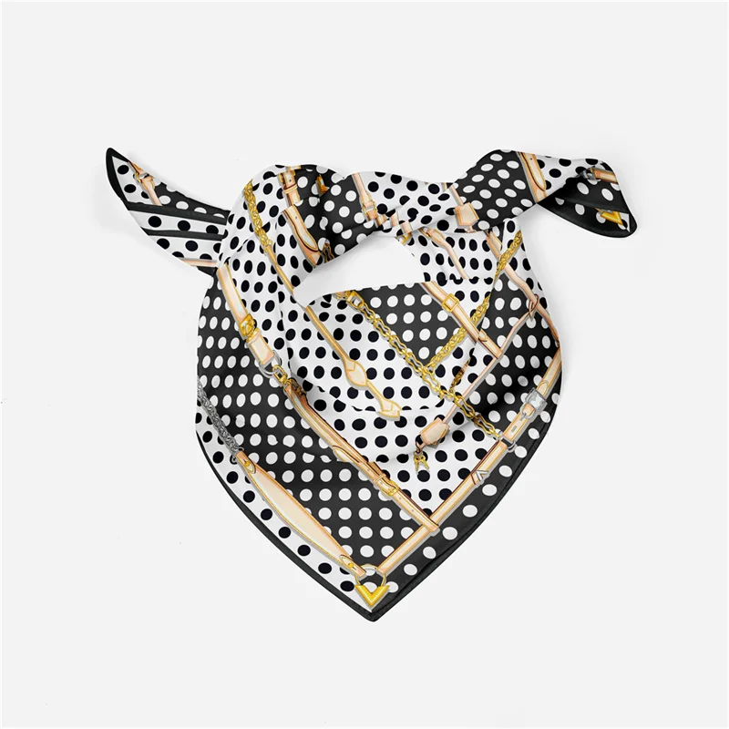 POBING Silk Scarf Women Belt Dot Print Square Scarves Wraps Bandana Small Hijab Foulards Lady Tie Headband Neckerchief 53CM