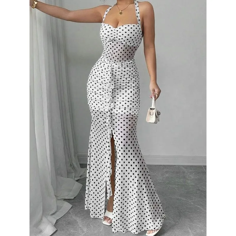 Sexy French Waist Polka Dot Dress Femininity Halter Suspender Slim New Long Dress A Perfect Photo Tool for Seaside Vacations