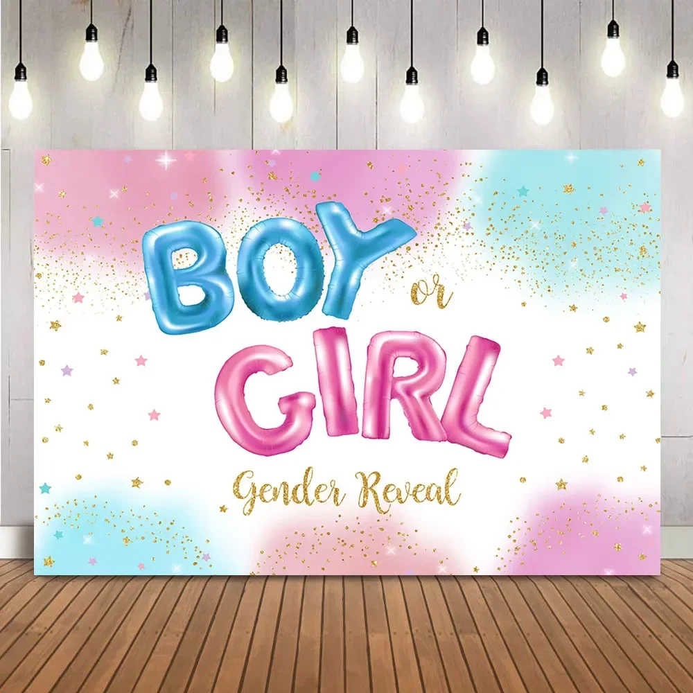 Boy or Girl Gender Reveal Backdrop Colorful Clouds Baby Shower Photo Background Gold Glitter Shining Dots Photocall Supplies
