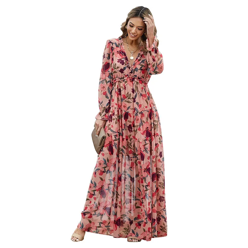 Elegante Estampa Floral Mulheres Vestido Primavera Verão Casual plissado em camadas de manga comprida Chiffon A Linha Longa Maxi Vestido Festa Vestidos