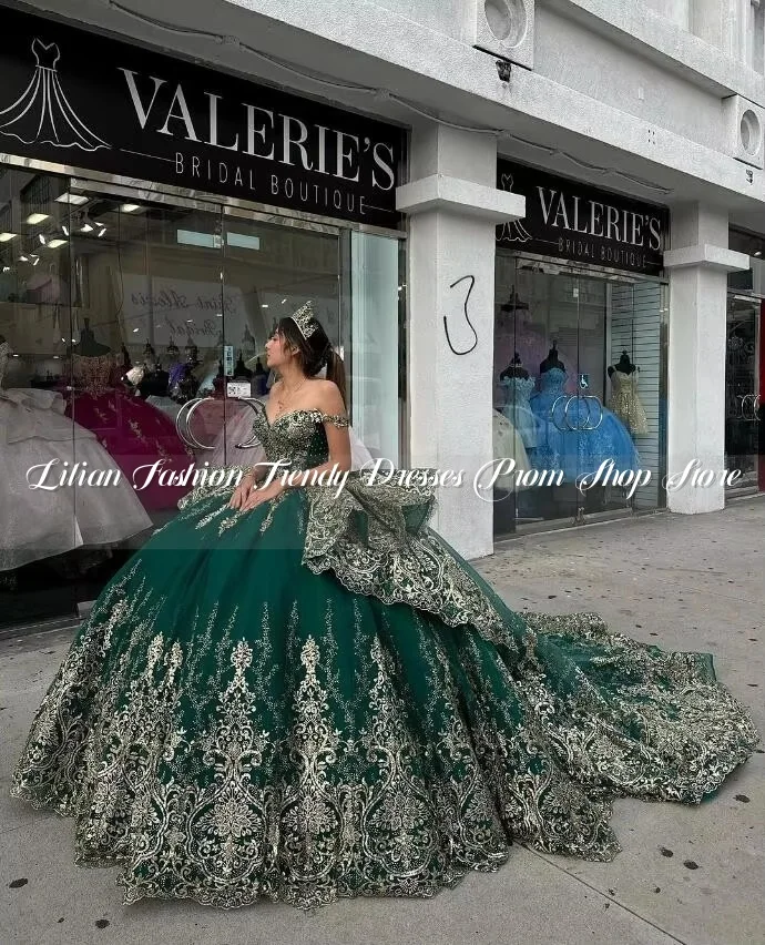 Verde Esmeralda brillante princesa vestidos de quinceañera sin hombros de lujo Gillter apliques vestidos de 15 quinceañera personalizado