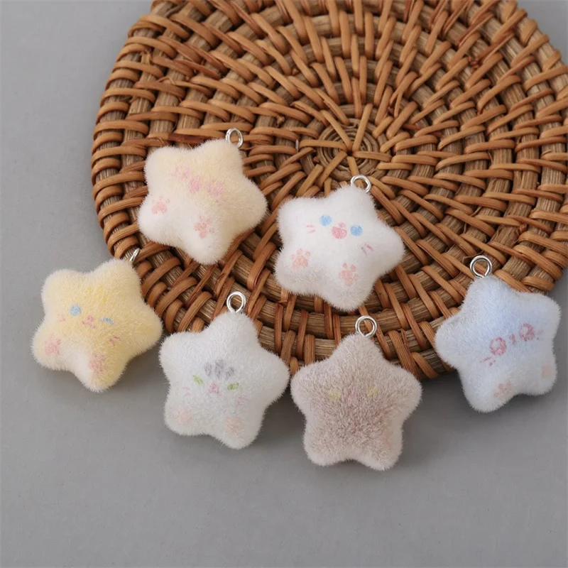 Wholesale 40pcs/lot color pattern print flocking effect cartoon star shape resin dolls beads diy jewelry garment hair accessory