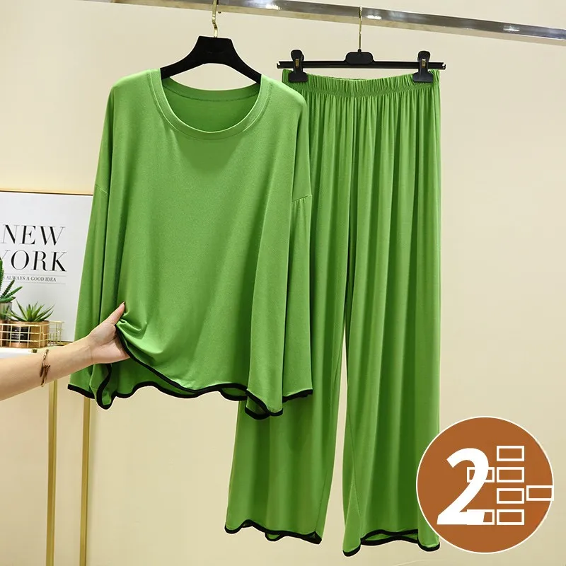 

Комплект домашней одежды из модала, женский весенне-осенний тонкий повседневный свободный комплект верхней одежды больших размеров, длинная ночная рубашка све, комплект из двух предметов