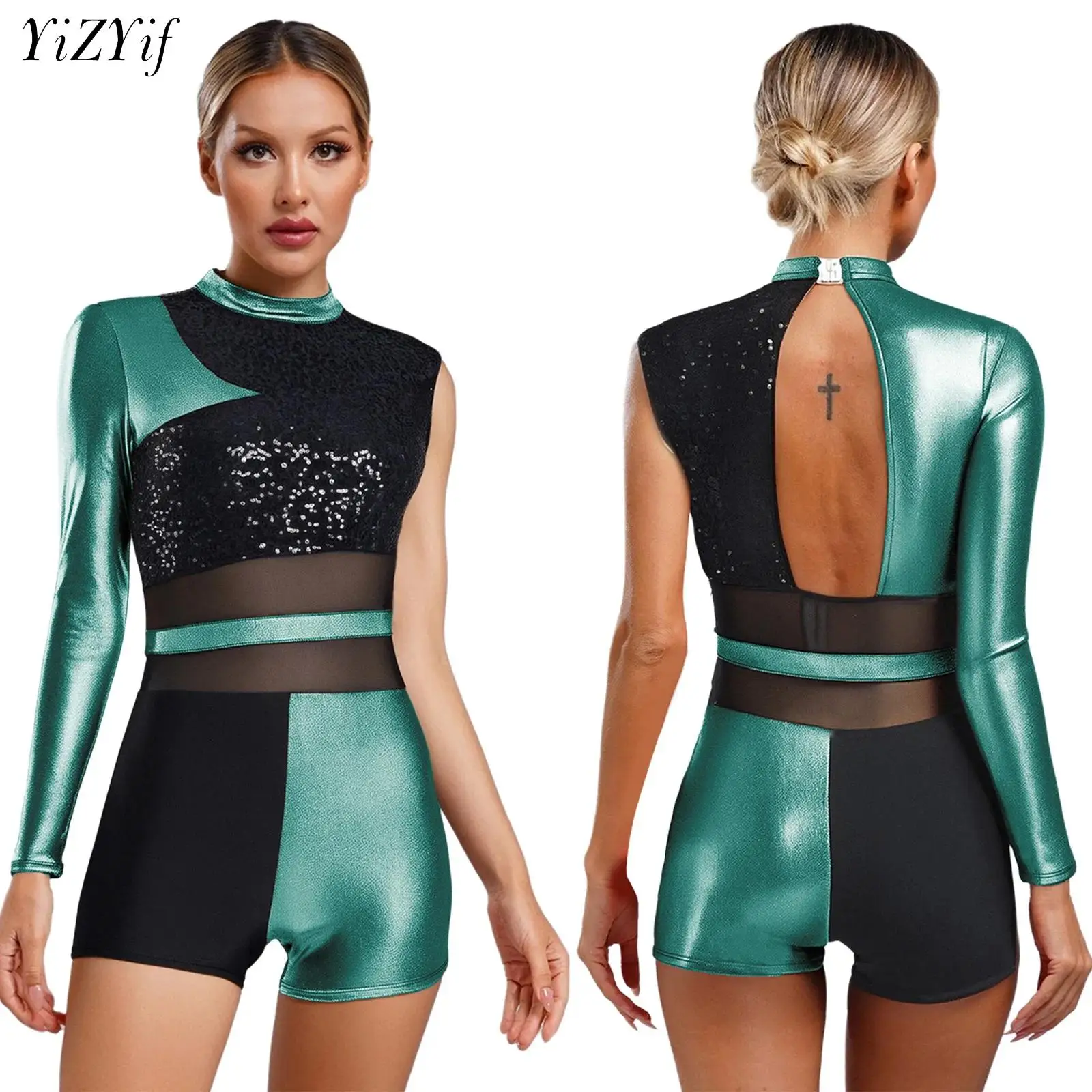 

Womens Jazz Dance Bodysuit Glittery Sequins Metallic Shiny One Shoulder Leotard Ballet Gymnastics Figure Skating Stage Dancewear