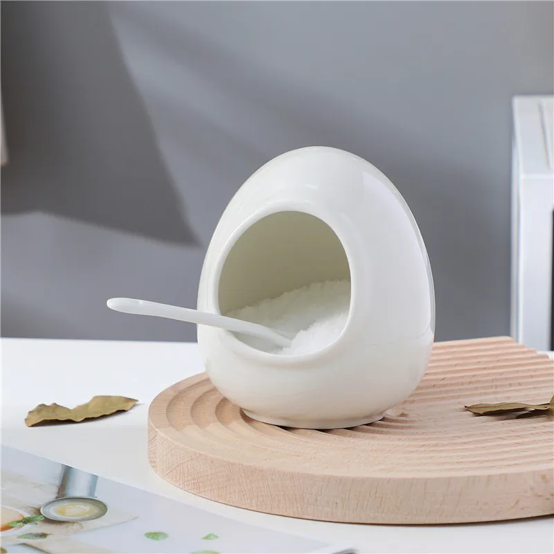 Egg Shape Food Grade Ceramic Salt Pig with Spoon Salt Cellar Storage Container for Kitchen Countertop Salt Seasoner