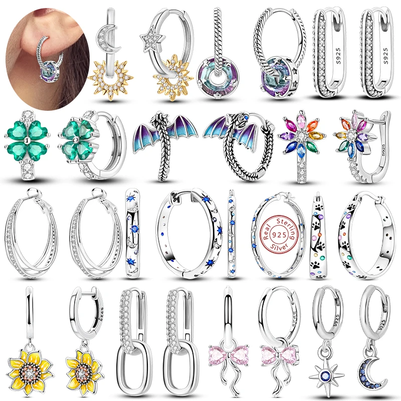 

Лидер продаж, серьги-кольца из стерлингового серебра 925 пробы, серьги-кольца с цветочной звездой, луной и солнцем, модные украшения для женщин и девочек