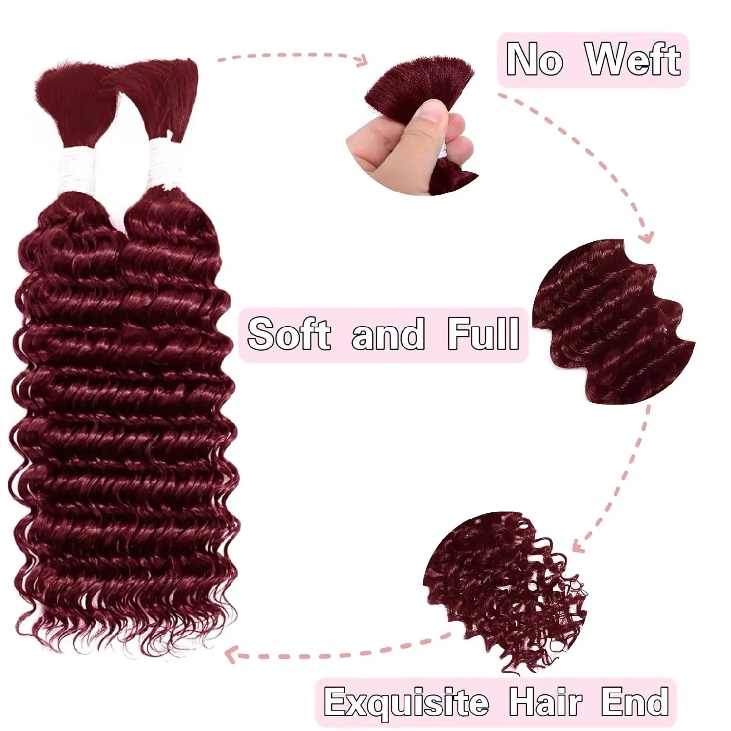 Bundles de cheveux humains bouclés pour tressage, cheveux ondulés en eau profonde, tresses Boho sans nœuds, en vrac, 99J, bordeaux, 16A