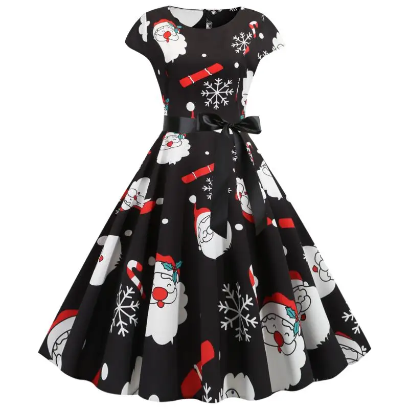 فستان عيد الميلاد الأحمر للنساء مع حزام ، أكمام قصيرة ، أنيقة ، خمر ، كاجوال ، حفلة عيد الميلاد #4