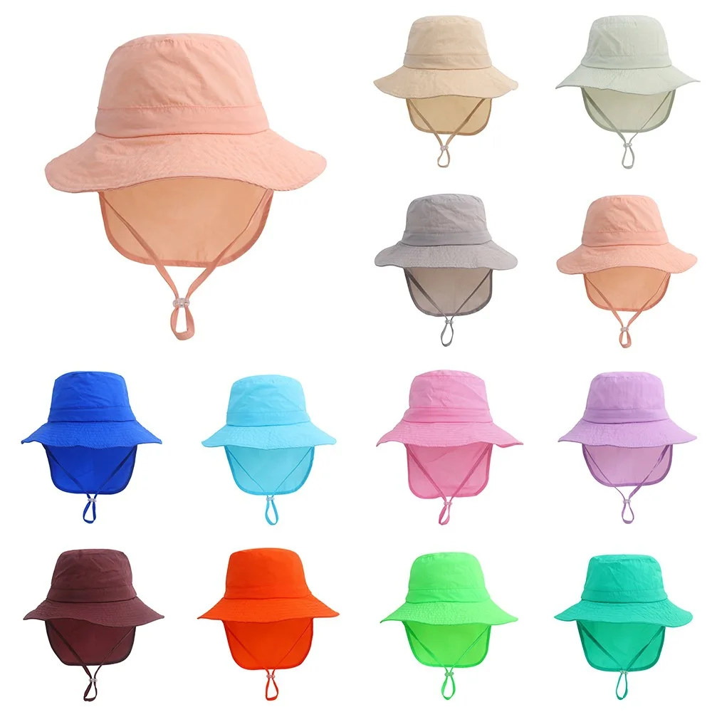 Boys Girls Bucket Hats 2 3 4 5 Years Old Kid\'s Breathable UV Sun Protection Beach Caps with Neck Flap Play Hat 12 Colors