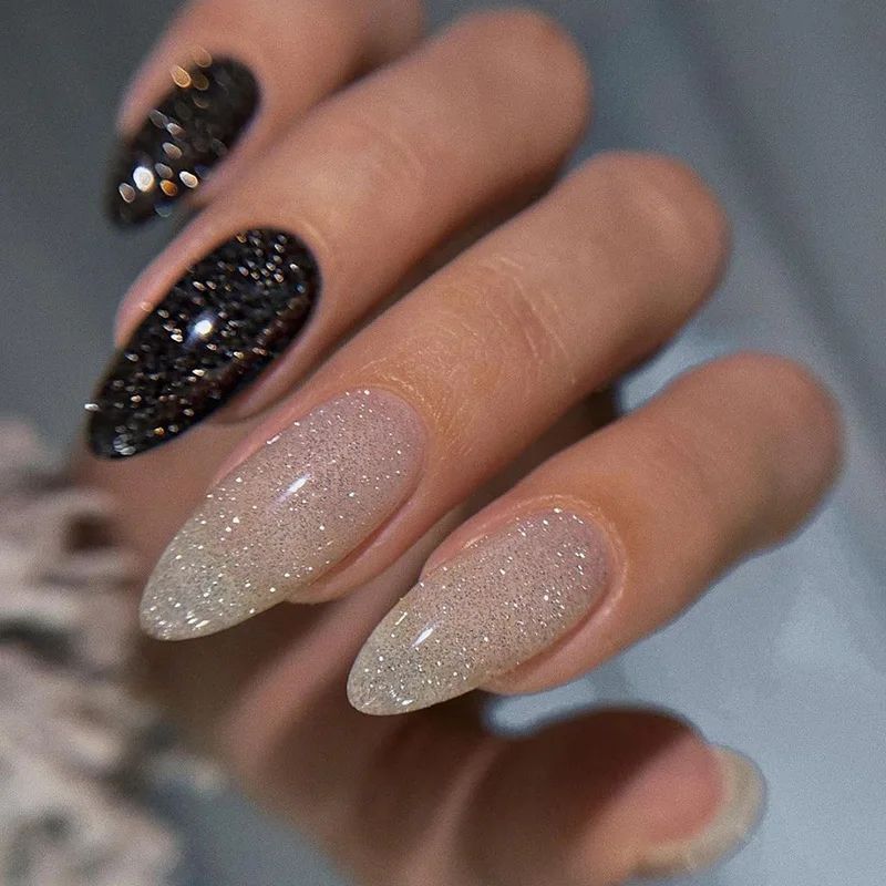 Picture 4: 24Pcs Mid-length Almond False Nails Press on Black Edge French Design Fake Nails with Silver Star Wearable Full Cover Nails Tips