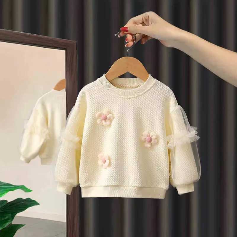 Ropa de algodón para bebé y niña, camiseta con flores, Tops de cuello redondo, prendas de vestir exteriores a la moda, primavera y otoño, 2024