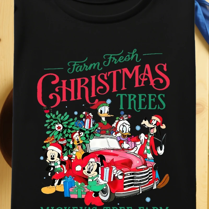 Camiseta de Mickey de Disney, con Mickey y Minnie Mouse, Pato Donald, Goofy y Plutón, diseño fresco del árbol de Navidad de la granja