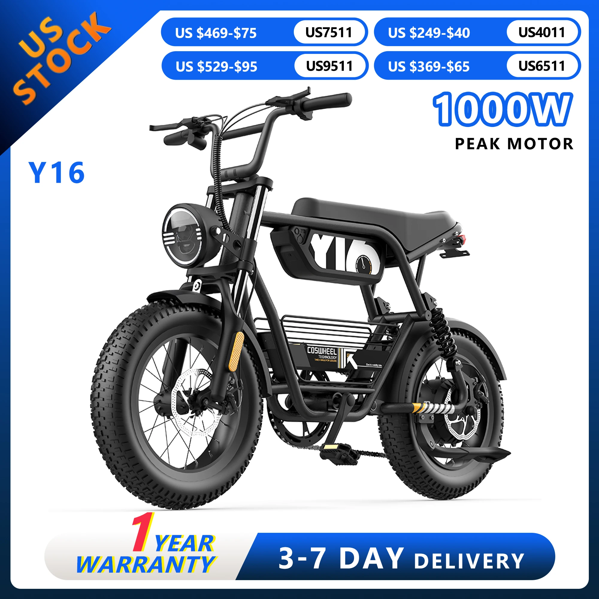 

COSWHEEL Ebike Y16 Adult Electric Bike 1000W 48V 15AH Commuting Fat Tire E-Bike Mountain Electric Bike Off-Road Electric bicycle