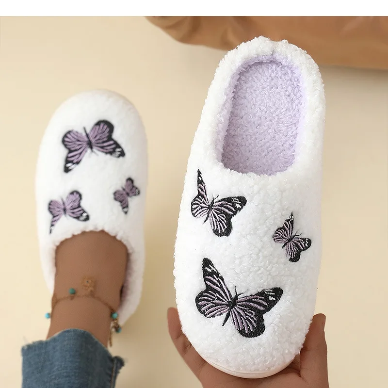 

Women's Cozy Butterfly Embroidered Plush Slippers Soft Warm Non Slip Indoor House Shoes Woman Closed Toe Fluffy Winter Slippers
