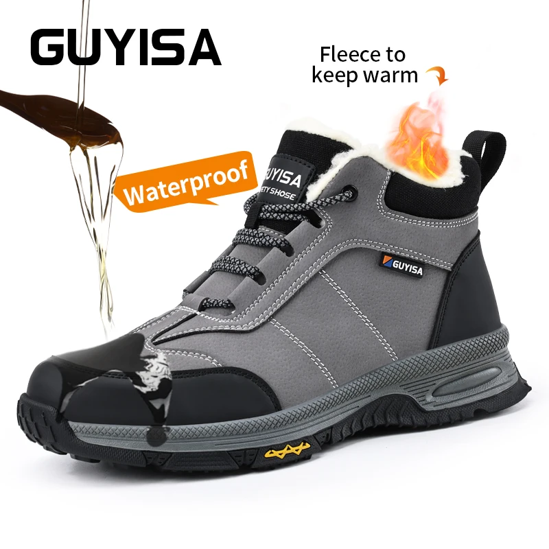 

GUYISA Wenter Boots Safety Shoes Men For Work Keep Warm Grey Steel Toe Wearproof Oil-proof Waterproof Size 37-45