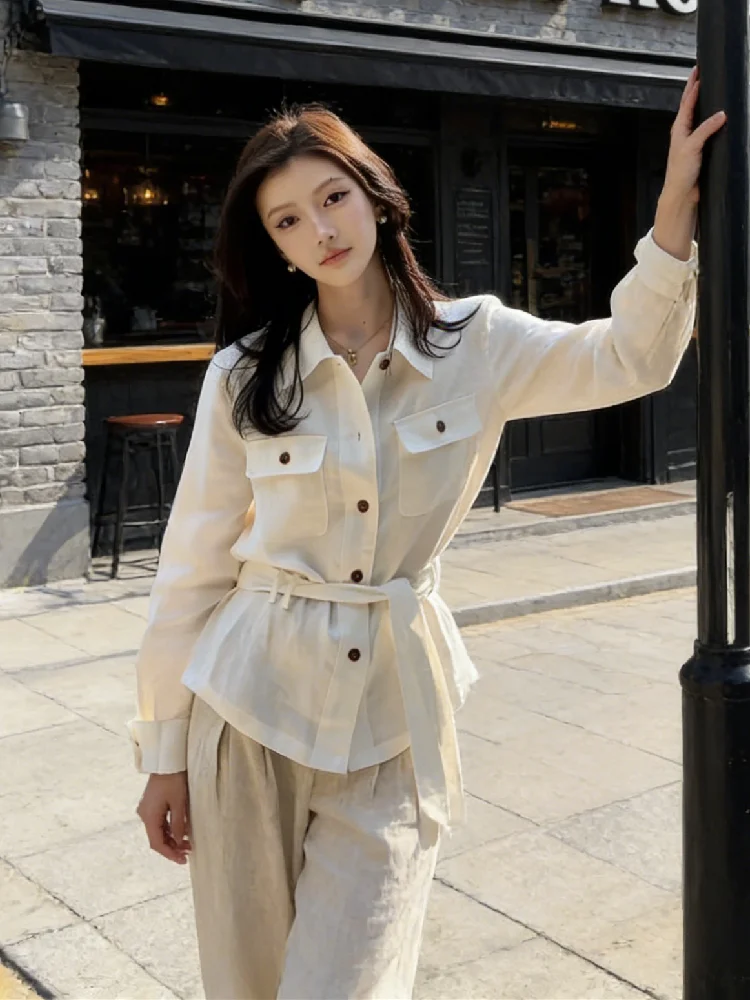 

Elegant Women's Long Sleeve Neck Shirt Loose Fit Waist Cinched Belted Casual Style Spring Fashion Top mid Length