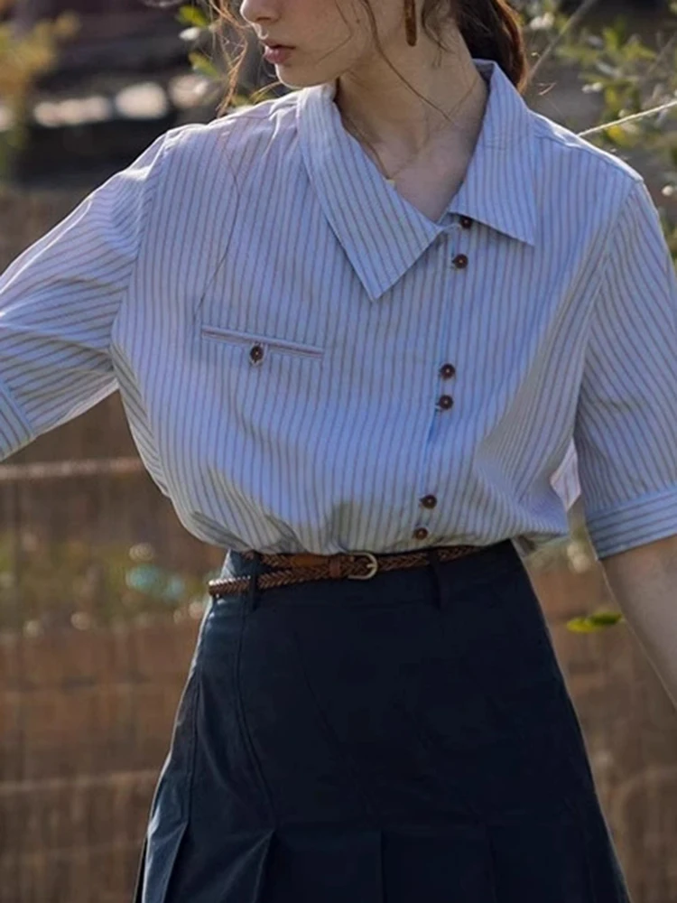 

Japanese Striped Shirt Women Summer Casual Chic Skew Collar Blouse Preppy Style Simple Single Breasted Female Pure Cotton Tops